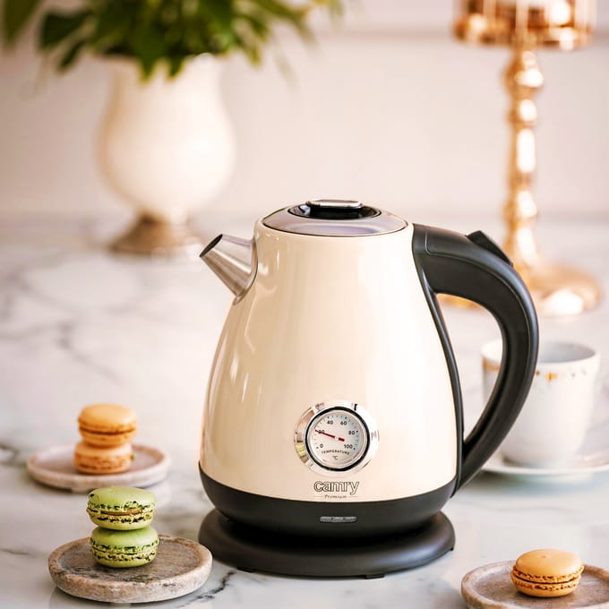 Waterkoker met thermometer 1,7L, 2200W, veilig, stalen behuizing, elegant ontwerp, ecru