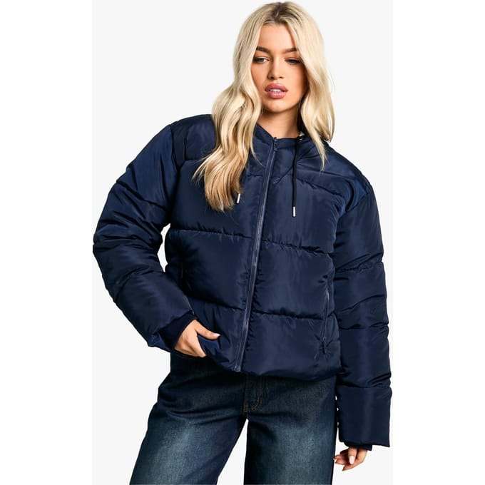 boohoo Dames Korte Puffer met Capuchon | Navy | Maat: 16
