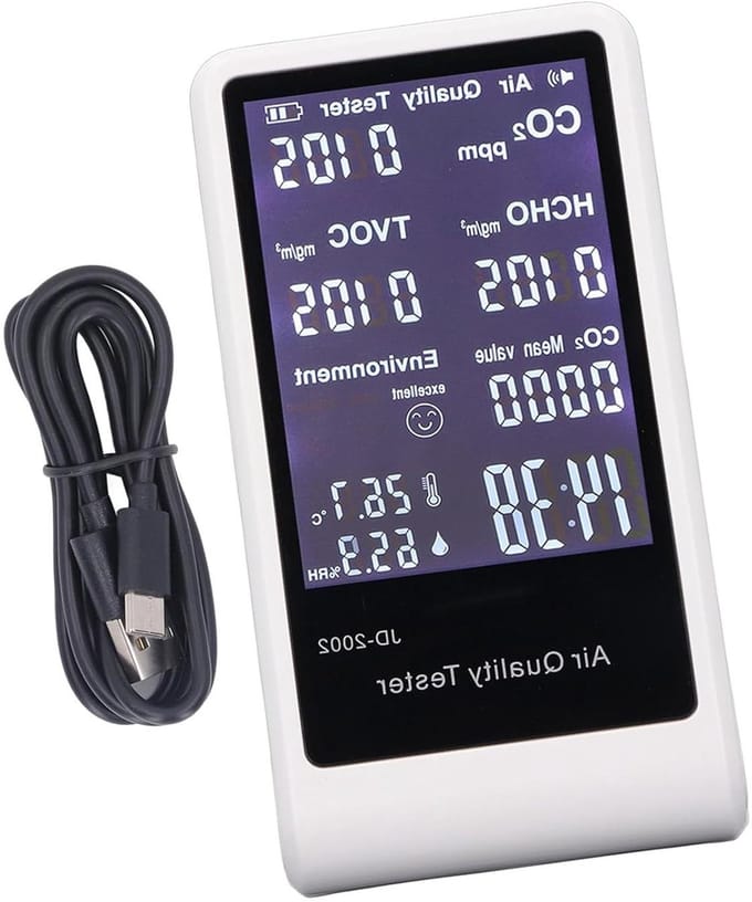 Luchtkwaliteitsmonitor - CO2-meter Vochtigheidsmeter - Gezond Binnenklimaat - 7-in-1 Metingen - 16 x 14 x 11 cm - Wit