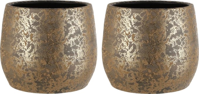 Mica Decorations bloempot - 2x stuks - flakes goud - keramiek aardewerk - 25.5 x 32 cm