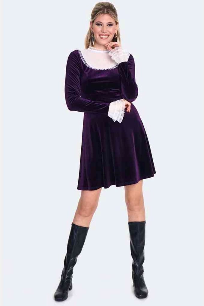 Voodoo Vixen - Ruffle Sleeve Velvet Korte jurk - M - Paars