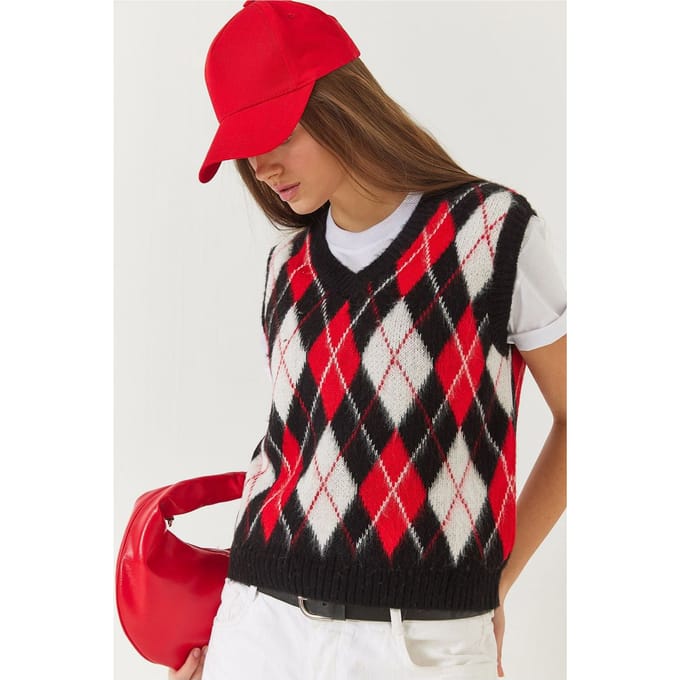 V-hals Geribbelde Brei Sweater Vest met Baklava Patroon