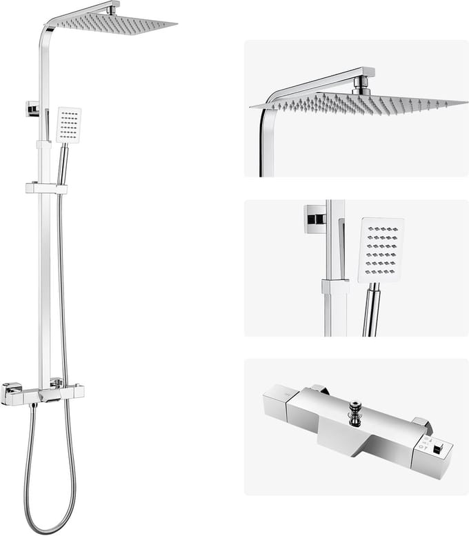 Auralum Max Thermostaat Doucheset - 3 Functies (Regendouche, Handdouche, Waterval) - 38°C Constant - Verstelbare Douchestang - Chroom