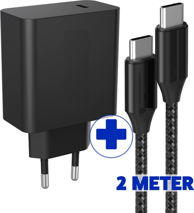 Usb-C Oplaadstekker + Nylon usb-C naar usb-C Oplader 2 Meter Lang - 45w - Super Fast Charging - Universele Thuislader - Usb-C - Adapter voor S24,S23,Note,S22, S21, S20, Tablet S7, Tablet S8