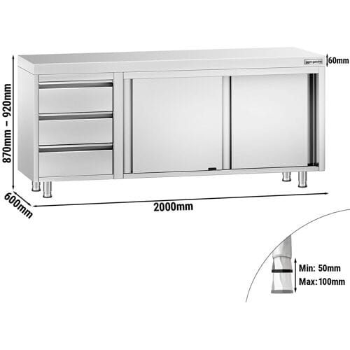 GGM Gastro Edelstahl Arbeitsschrank PREMIUM - 2000x600mm - mit 3 Schubladen links