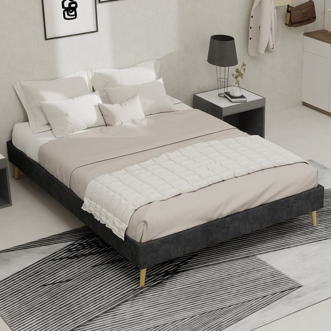 REDOM bedframe 140x200 cm – Hollands fluweel grijs – Platformbed, lage basis – 1 pakket