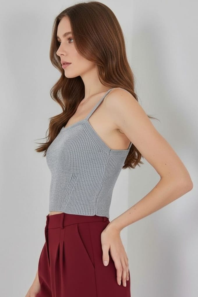 Vierkante Kraag Geribbelde Gebreide Crop Top