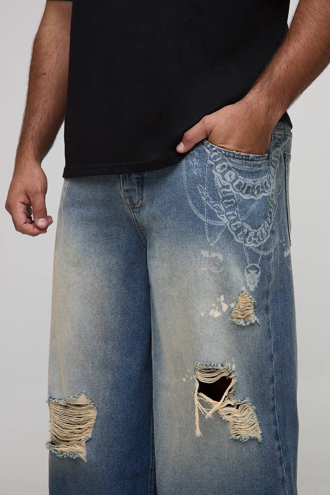 Plus Ketting Bedrukt Gescheurde Baggy Fit Jeans | Vintage Blue | Size 44