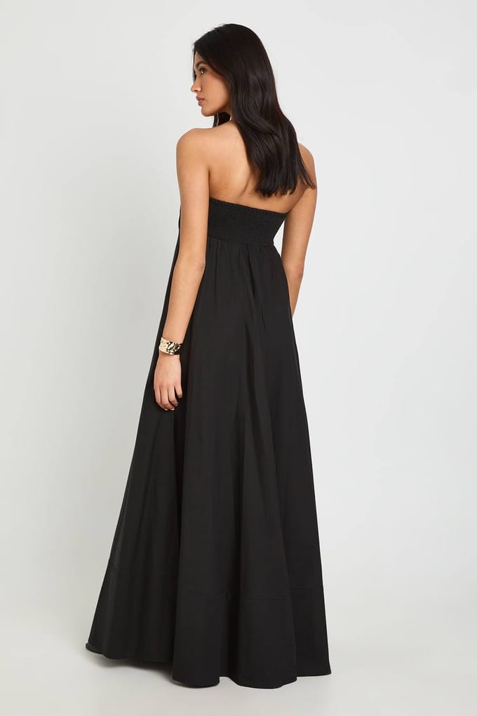 boohoo Dames Katoenen Poplin Maxi Jurk Met Gerimpelde Elastische Rug | Zwart | Maat: 36