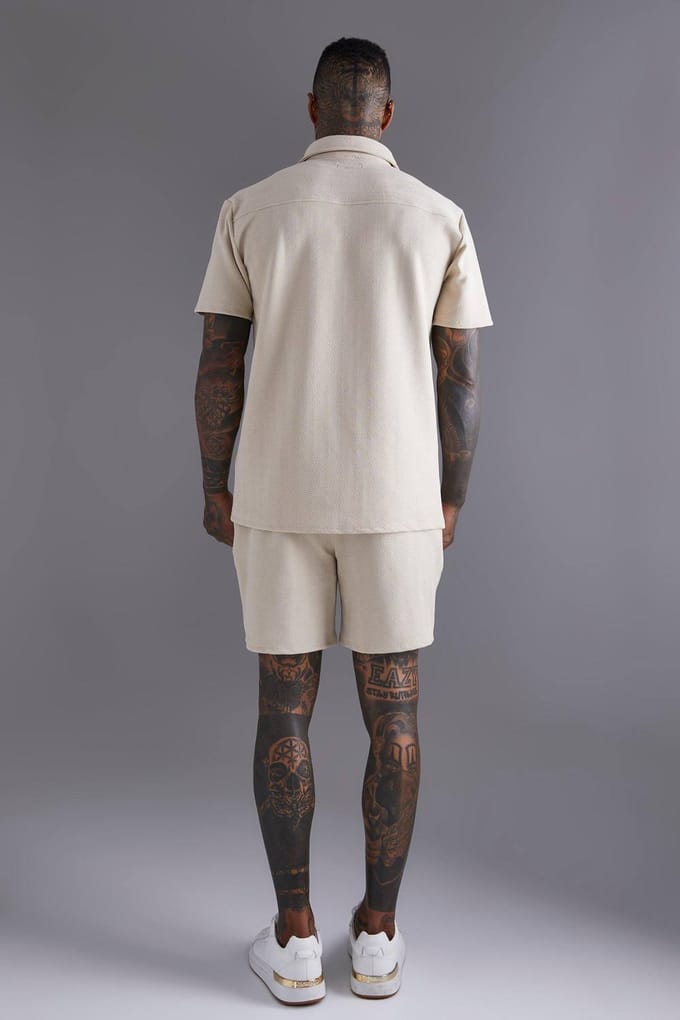Short Sleeve Jersey Herringbone Shirt & Short Set | Stone | Size Small