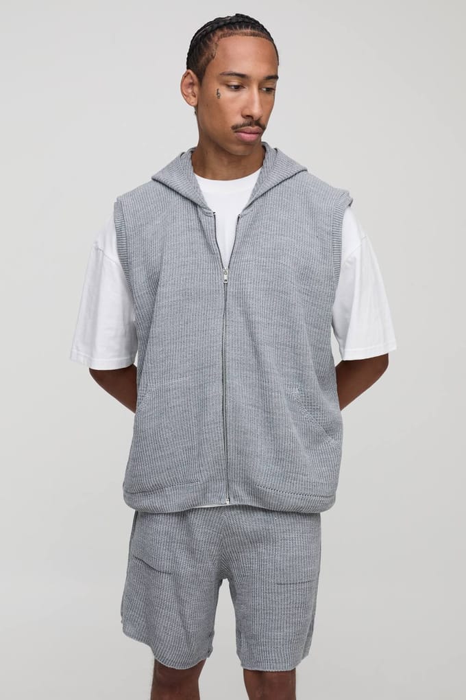 Oversized Fit Geribbelde Gebreide Hoodie met doorlopende rits en Shorts Set | Light Grey | Size Medium