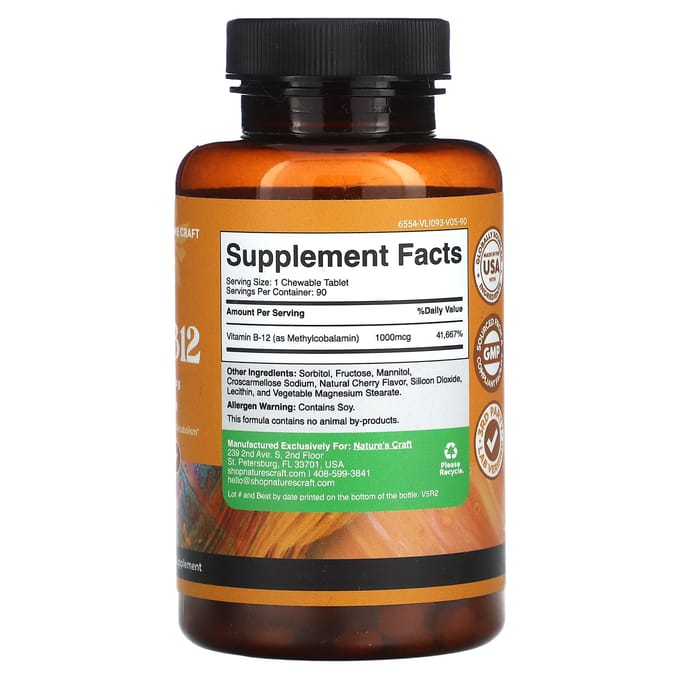 Nature's Craft, Méthyl B12, Cerise, 1 000 mcg, 90 Comprimés à Croquer