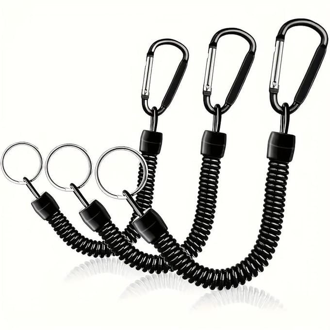 Zwarte sleutelhanger met spiraalveer en uitschuifbare polsband, verstelbaar van 21,49 cm tot 119,38 cm, ingebouwde stalen draad, draagvermogen tot 6,8 kg. black