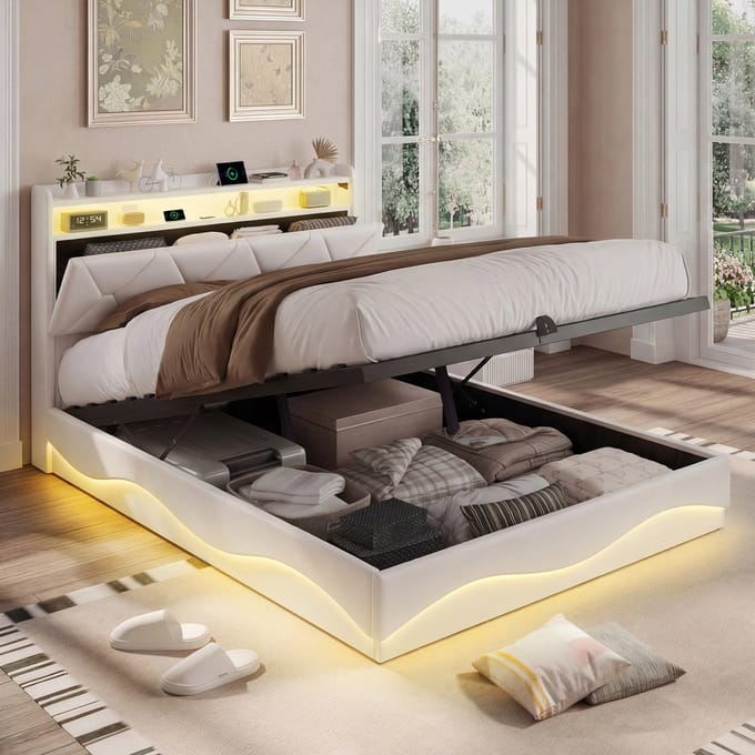 Opbergbed 160x200 Beige Velvet – met LED, USB-C & Opbergruimte