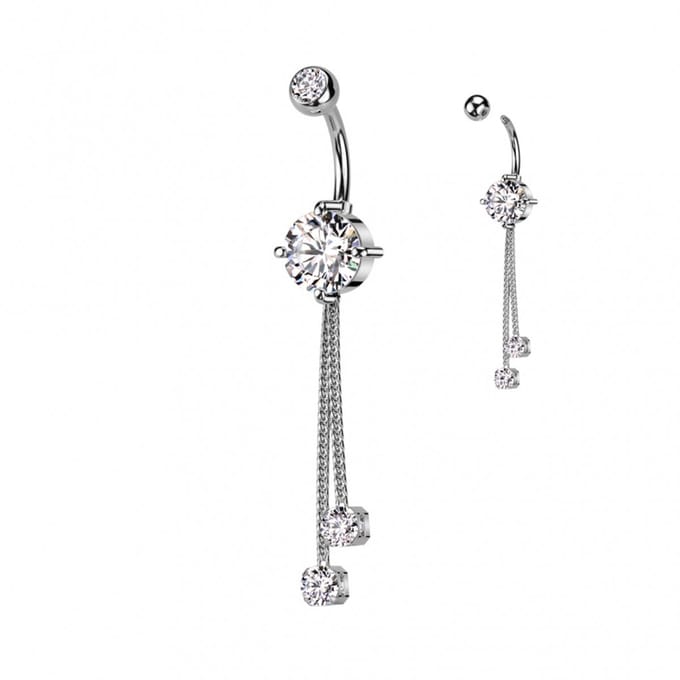Navelpiercing PVD 2 chains met steentje - zilver - LMPiercings