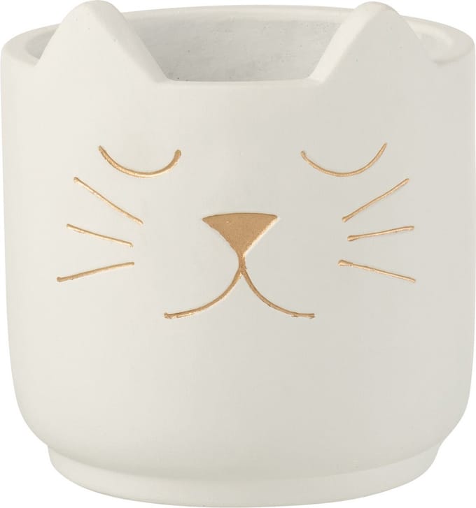 J-Line bloempot Kat - cement - wit/goud - small - Ø 14 cm