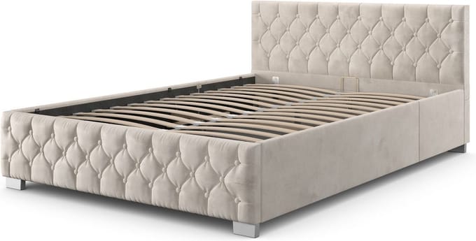 Gestoffeerd Bed Nizza - 120 x 200 cm - Beige - LED Verlichting & Bedlade