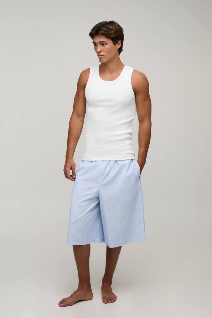 Geribbeld Muscle Fit Vest & Jort Loungeset Met Contrasterende Tailleband | Blue | Size Medium