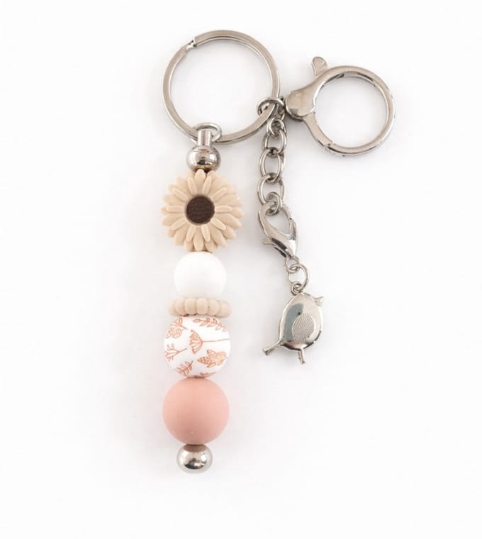 Sleutelhanger, tashanger met kralen | bloem, vogel | creme,wit