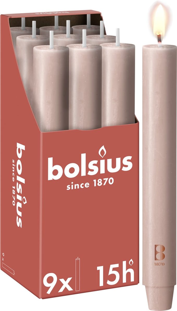 Bolsius - 9 Dinerkaarsen Rustiek Extra Breed - Roze - 23 cm - Diameter 3 cm - 15 Branduren
