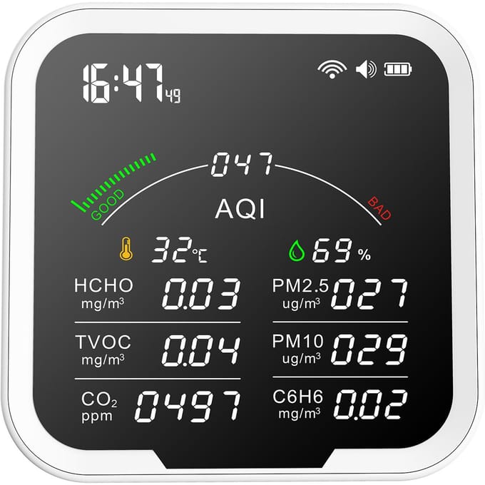 Draagbare Luchtkwaliteitsmeter HCHOTVOCCO2PM2.5PM10AQIC6H6 Temperatuur- en Vochtigheidstester wit