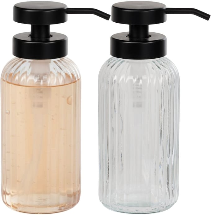 5Five Zeepdispenser - 2x - glas - transparant - D7,5 x 19 cm - 500 ml - zeeppompje - rib motief