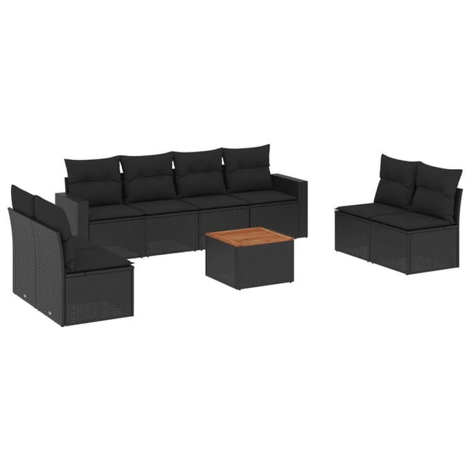 vidaXL - 9-delige - Loungeset - met - kussens - poly - rattan - zwart