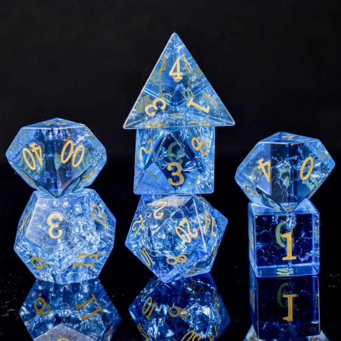 Dobbelstenen Set Glas Shattered Blauw in tin