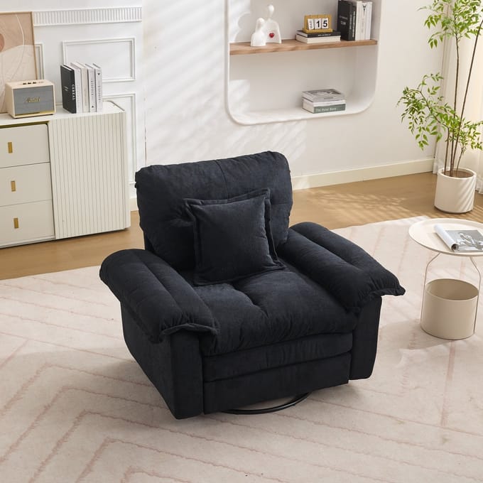MODFU Draaifauteuil - 360° Draaibaar Met Steunkussen - Oversized - Voor Woonkamer - Chenille - Zwart