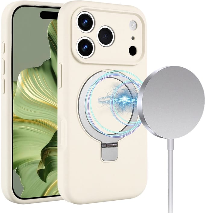 Geschikt voor iPhone 17 Pro Max hoesje – Solidenz Beige MagSafe Kickstand Case – Schokbestendige Backcover