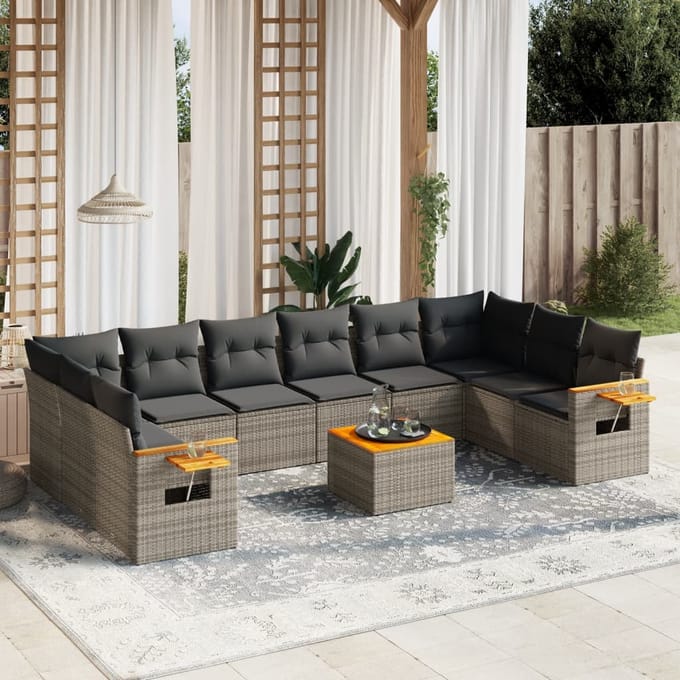 vidaXL - 11-delige - Loungeset - met - kussens - poly - rattan - grijs