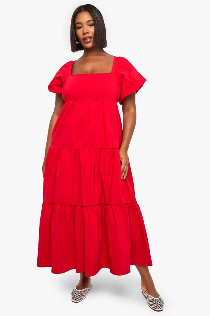 boohoo Dames Plus gelaagde puffmouwen midaxi smock jurk | Rood | Maat: 44