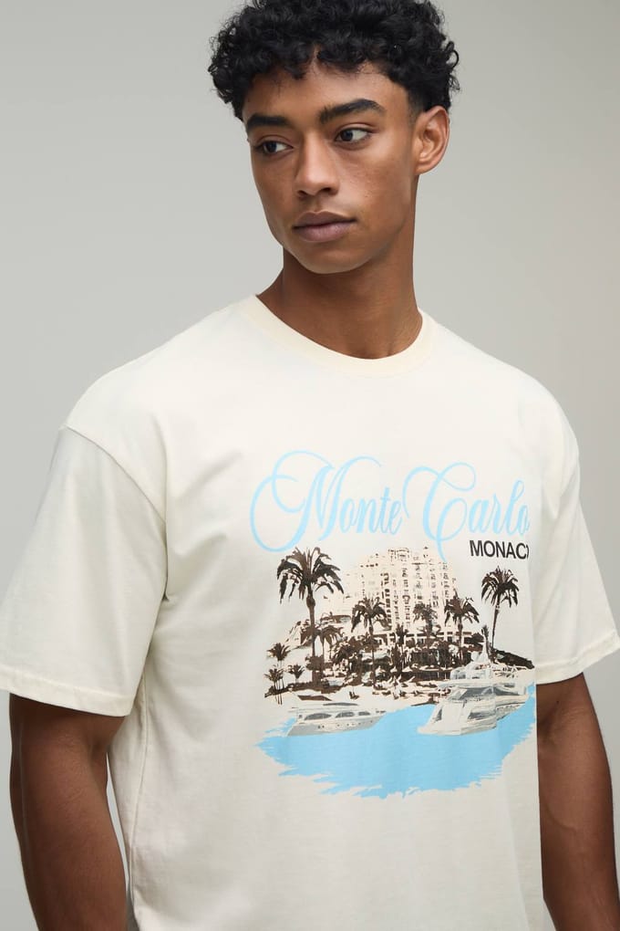 Oversized Monte Carlo Print T-Shirt & Short Set | Ecru | Size Medium