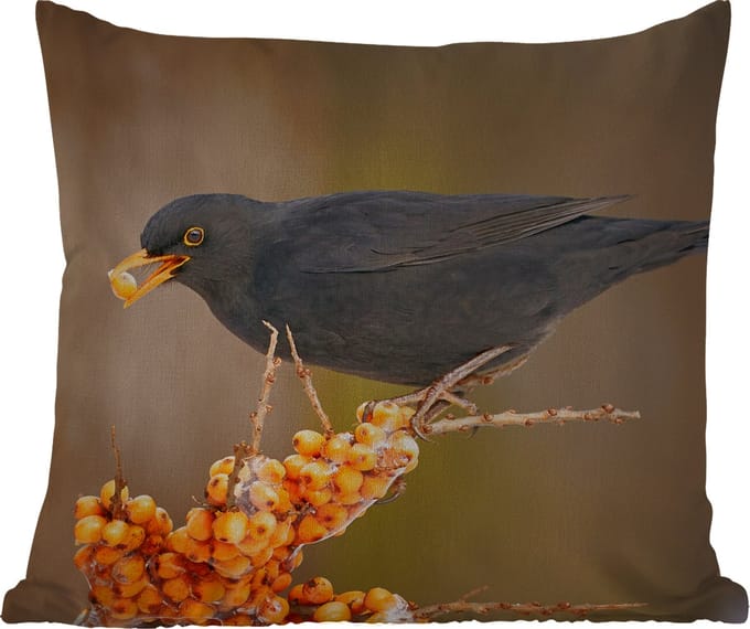 Tuinkussen - Vogel - Merel - Winter - IJs - Bes - 40x40 cm - Weerbestendig