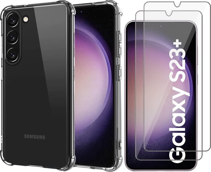 Hoesje geschikt voor Samsung Galaxy S23 Plus - 2x Screen Protector GlassGuard - Back Cover Case ShockGuard Transparant & Screenprotector