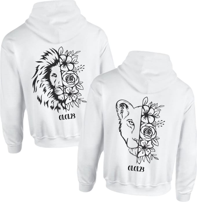 Hoodie set koppel voor hem en haar-Leeuw Leeuwin met datum-Wit-Maat S