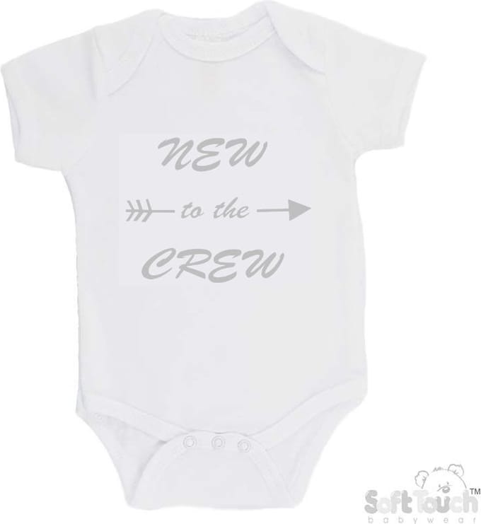 Soft Touch Romper "New to the crew" Unisex Katoen Wit/zilver Shiny Maat 62/68