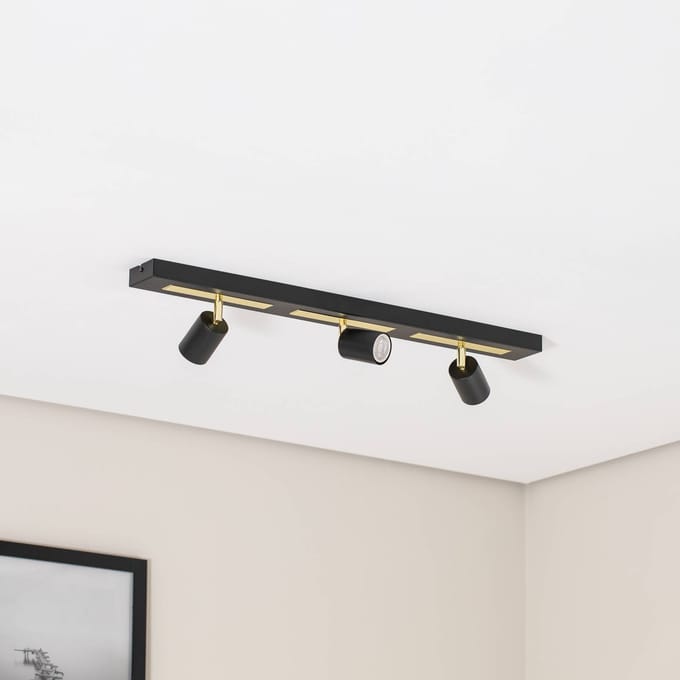 Luminex Plafondspot Rodez, zwart/goud, lengte 80 cm, 3-lamps.