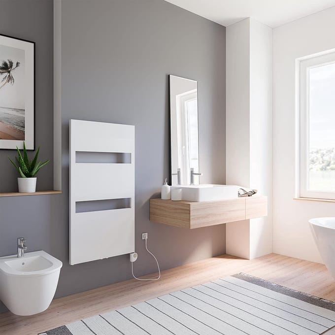 Schulte TURIN - elektrische designradiator - 60x114cm - wit - handdoekdroger - temperatuurregeling aansluiting rechts - 600 Watt