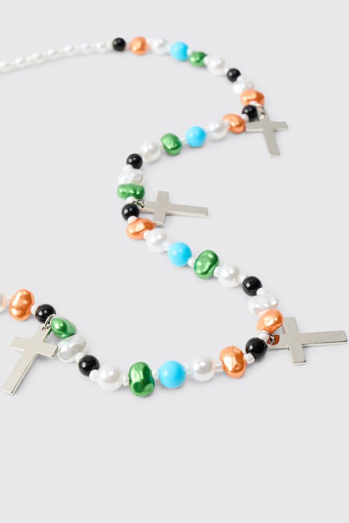 Multi Colour Beaded Necklace with Silver Cross Charms