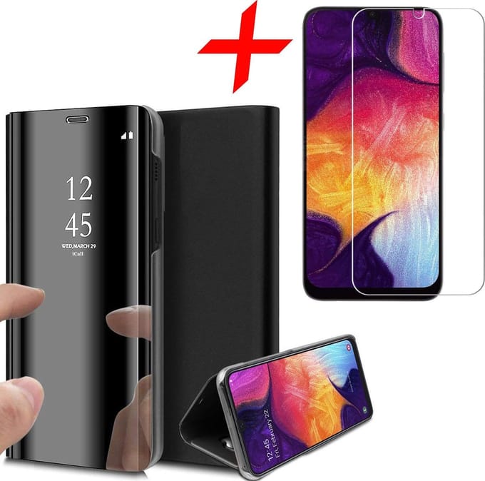 Hoesje geschikt voor Samsung Galaxy A50 - Screen Protector GlassGuard - Book Case Spiegel Zwart & Screenprotector