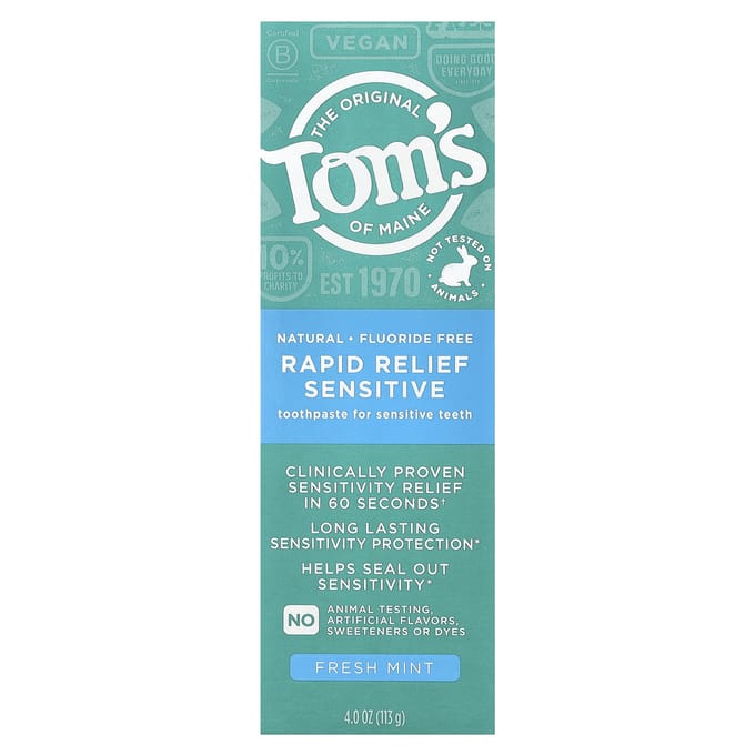 Tom'S Of Maine, Fast Relief Sensitivity Toothpaste, Fluoride Free, Fresh Mint, 113G(4Oz) blue