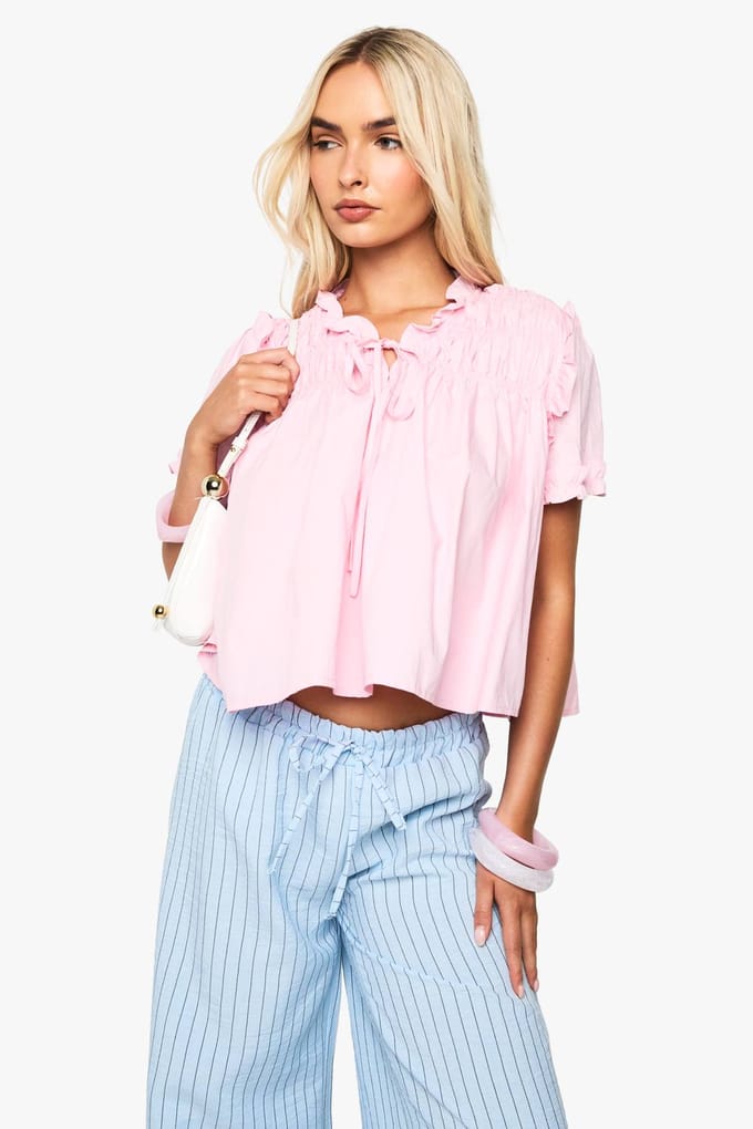 boohoo Dames Gerafelde Poplin Smock Top | Pink | Maat: 12