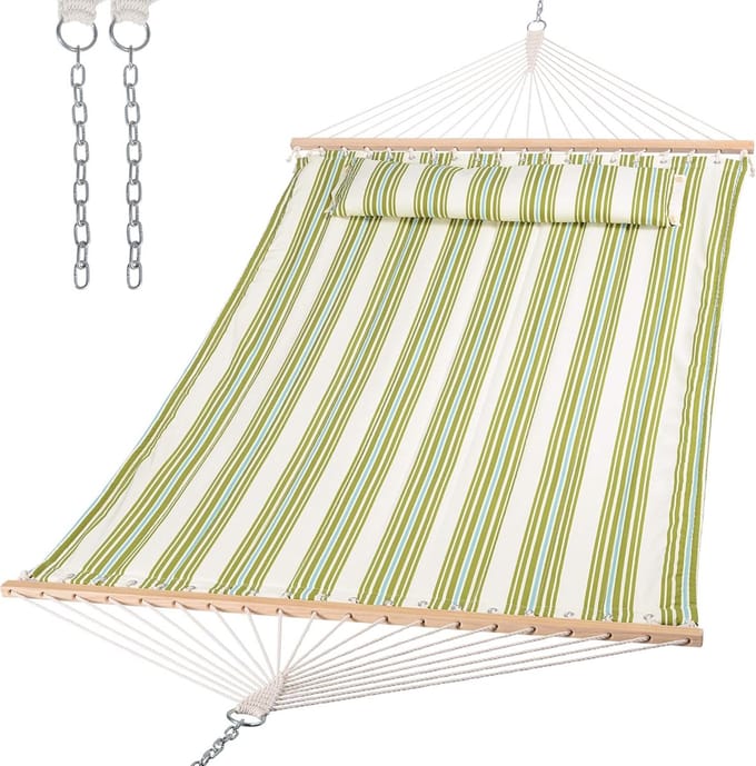 Hangmat 2 Persoon Heavy Duty - Dubbele Hangmat met Spreader Bar in Groen en Beige