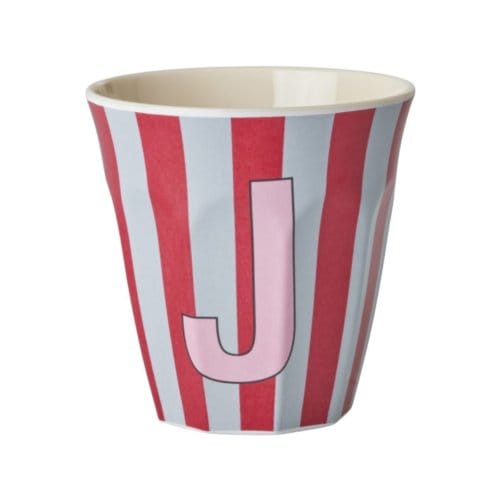 Rice melamine beker medium gestreept letter j, roze