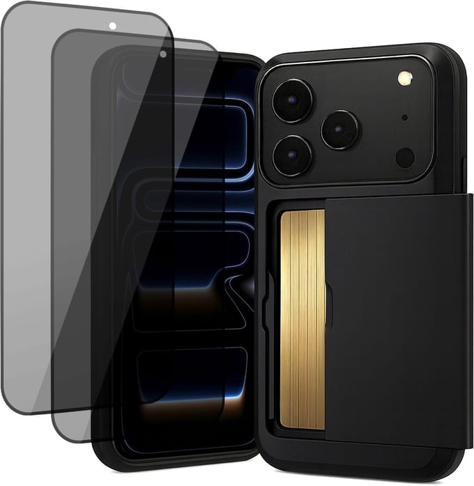 Hoesje met Pasjeshouder geschikt voor iPhone 17 Pro Max - 2x Privacy Screen Protector FullGuard - Back Cover SlideCase Zwart & Screenprotector
