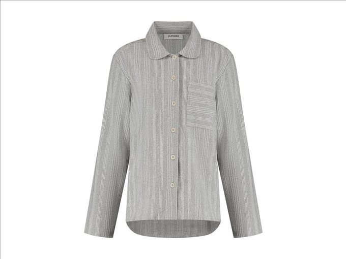 Yumeko pyjamashirt dames flanel lichtgrijs/wit stripe m
