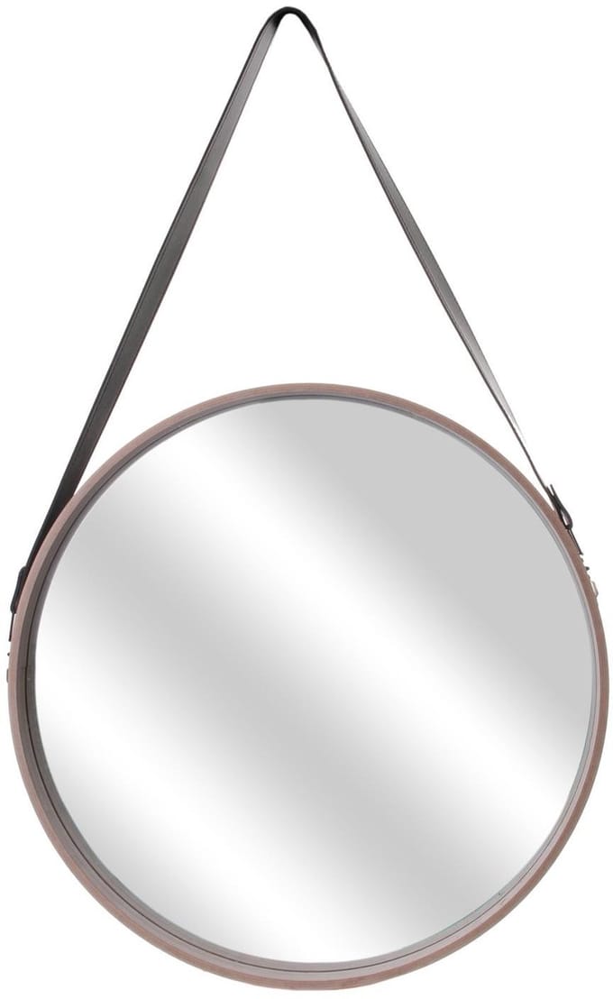 Home Deco Factory spiegel - rond - - hout - met leren handvat - D40 cm