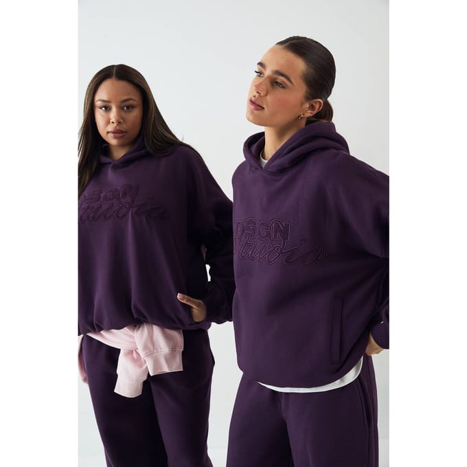 Dames DSGN Studio Badstof Applique Oversized Hoodie | Aubergine | Maat: Medium