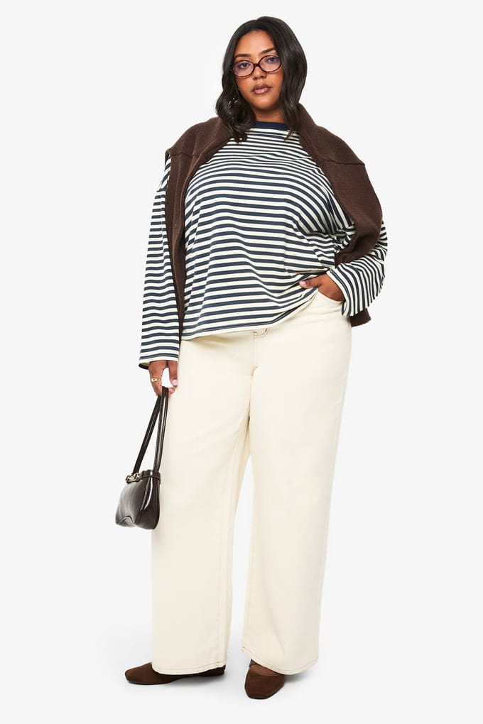boohoo Dames Plus ronde hals oversized gestreept top | Citroen | Maat: 52